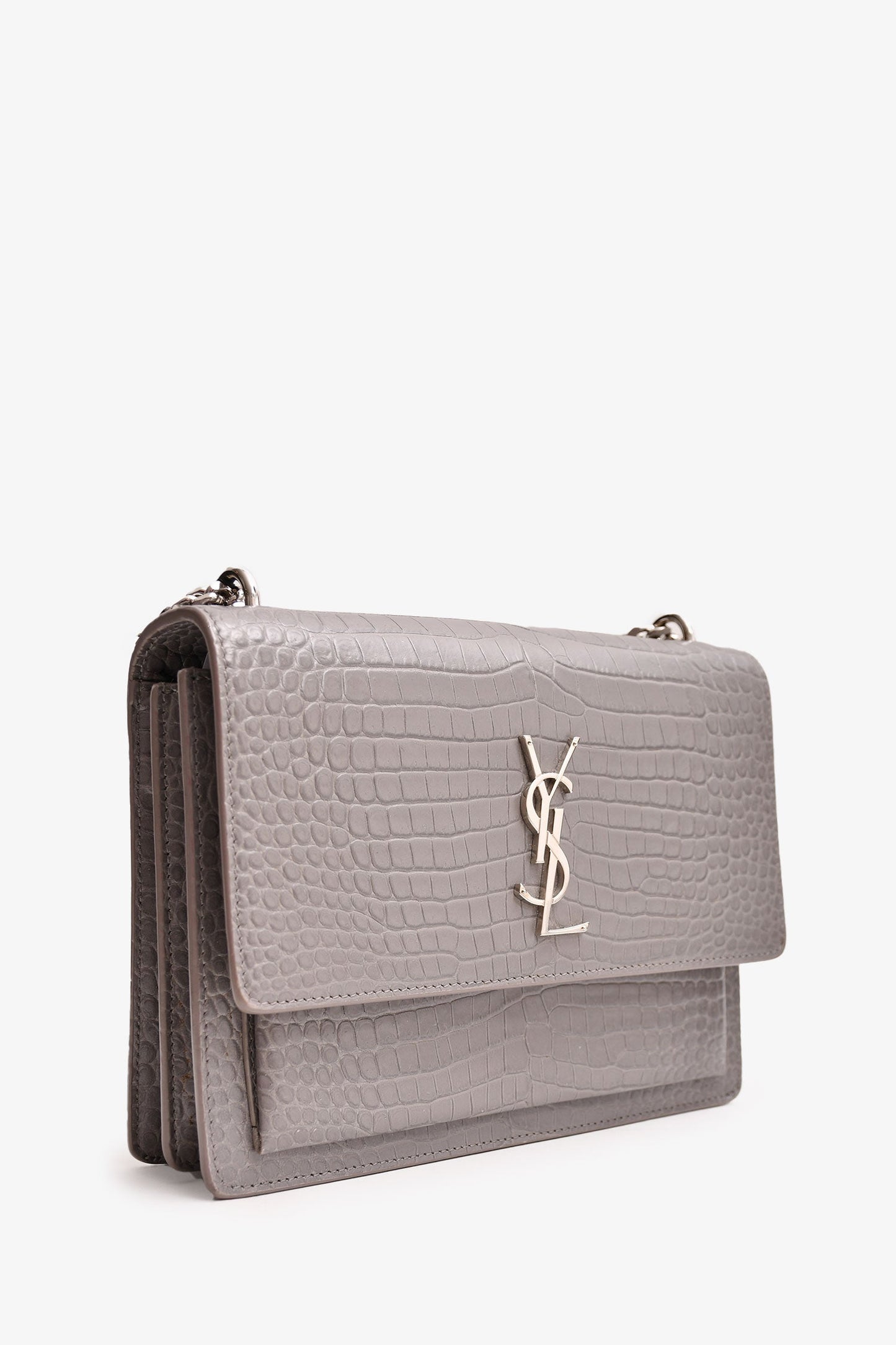 Saint Laurent 2016 Grey Croc Embossed Medium Sunset Chain Bag