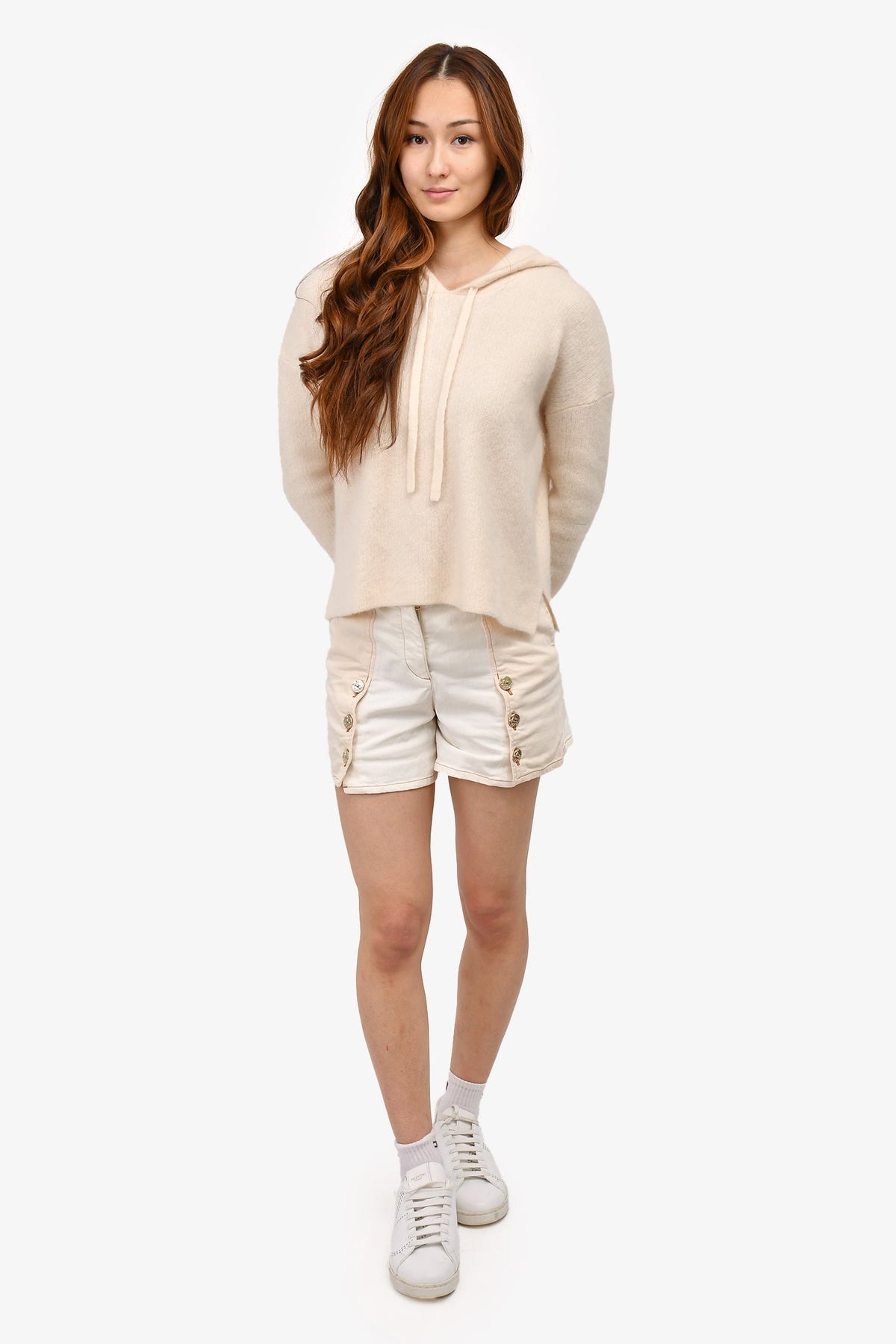 Chanel™ 2018 Beige/White Denim Button Detailed Shorts Size 34