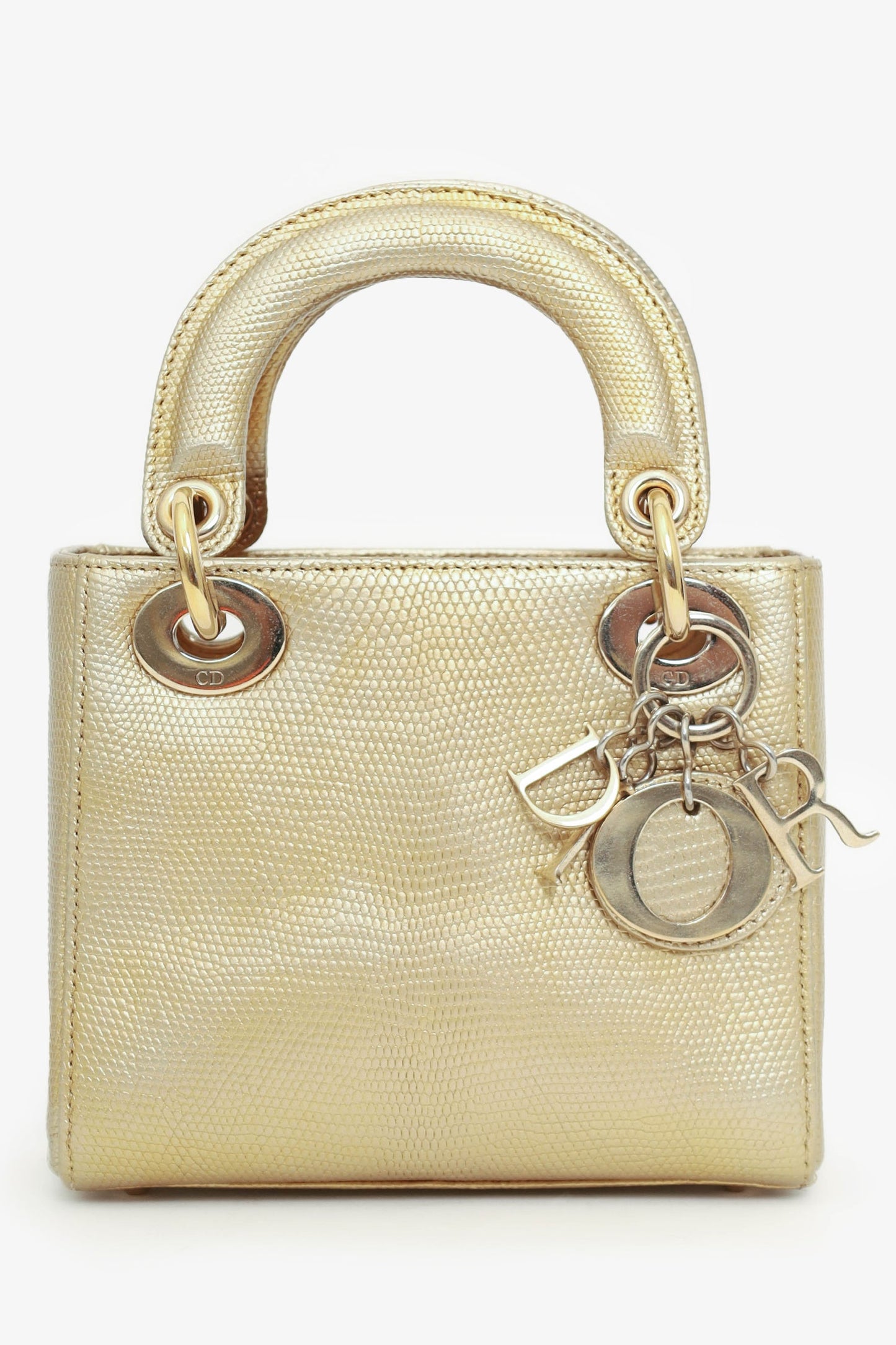 Christian Dior 2018 Gold Metallic Lizard Leather Mini Lady Dior with Strap