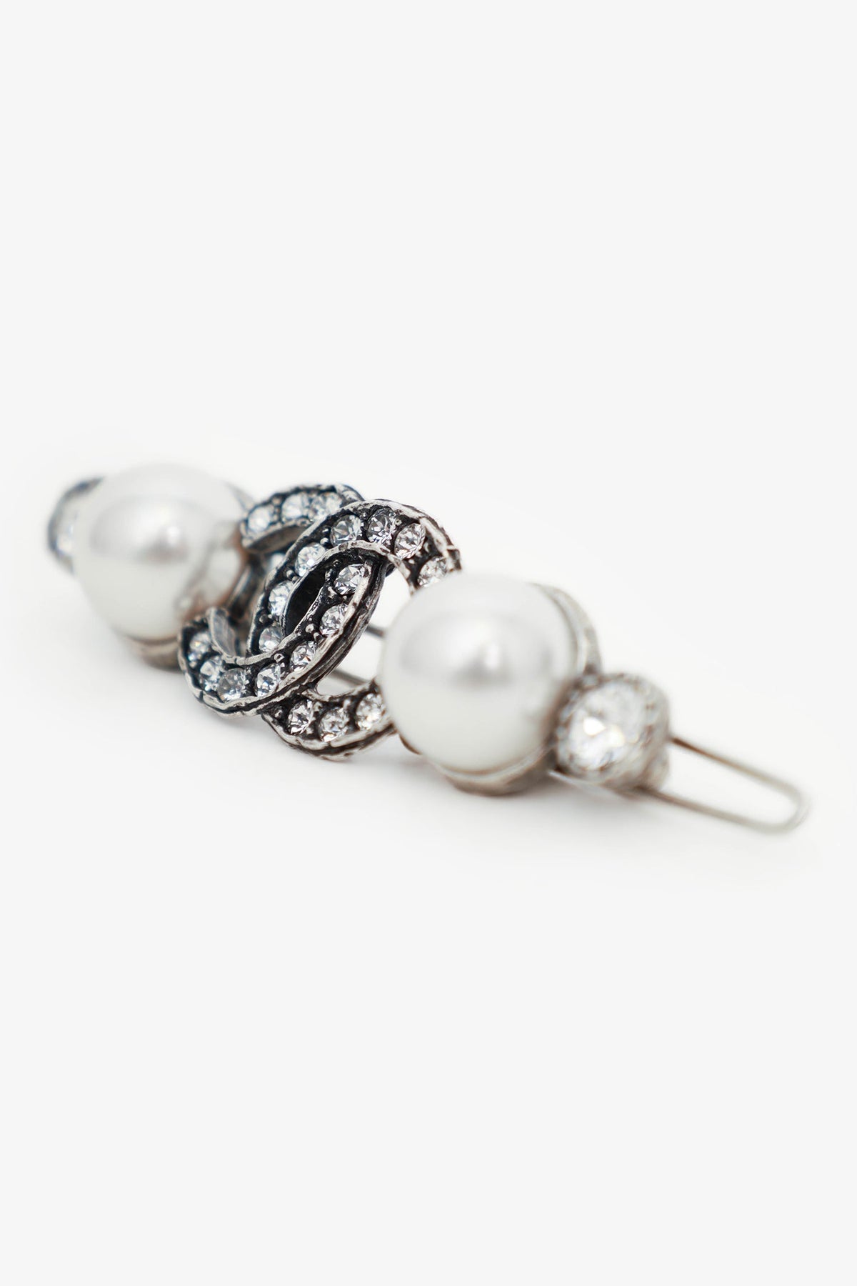 Chanel™ Silver Crystal 'CC' Faux Pearl Embellished Hair Clip