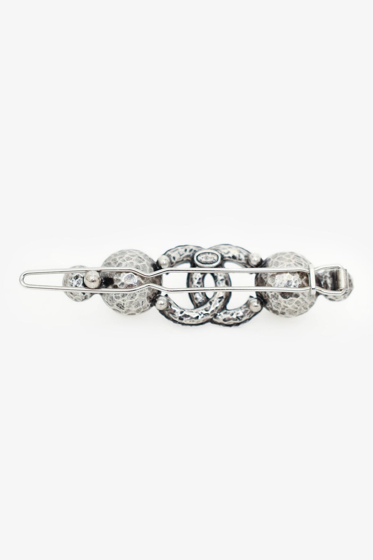 Chanel™ Silver Crystal 'CC' Faux Pearl Embellished Hair Clip