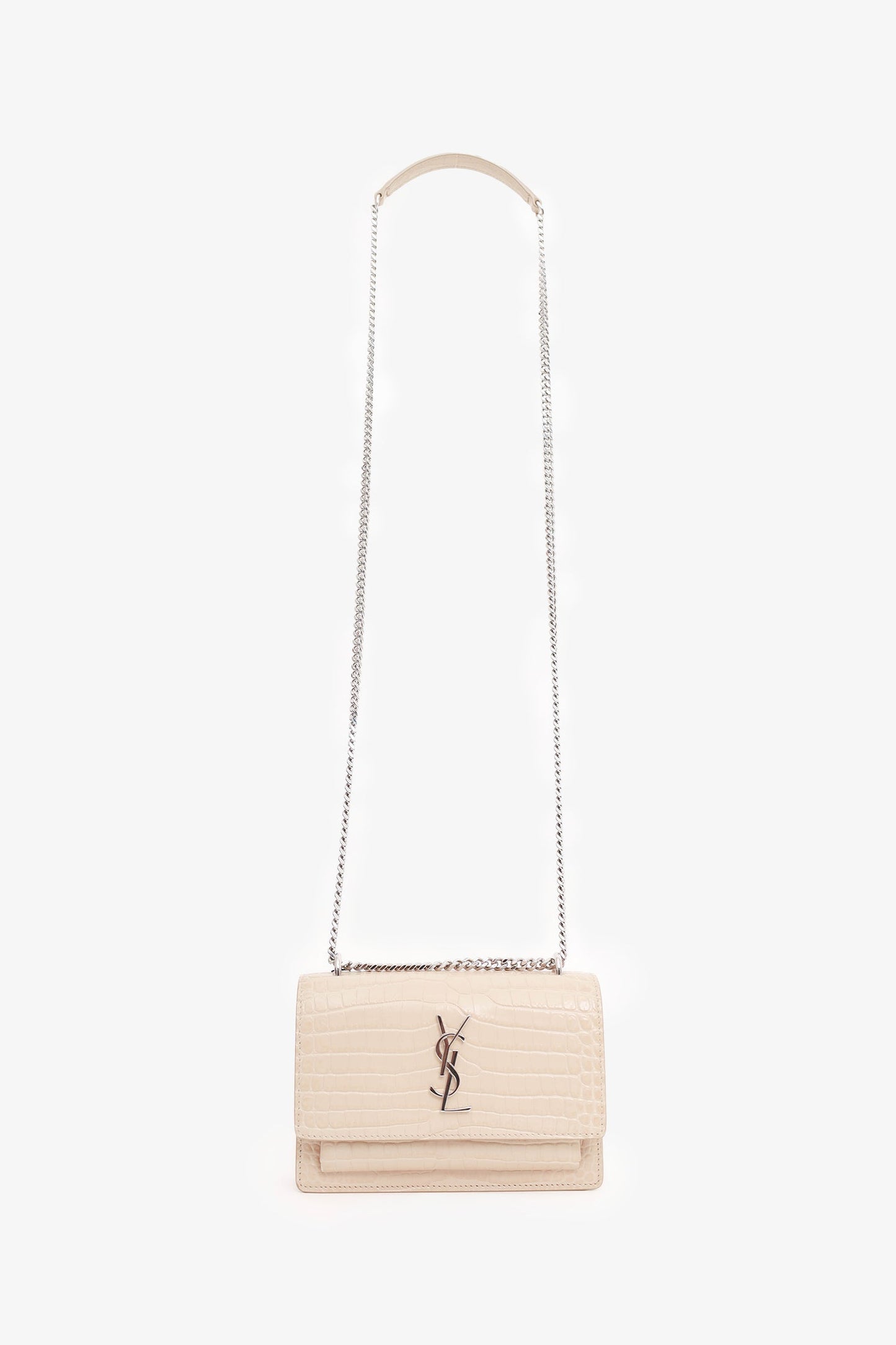 Saint Laurent Beige Croc Embossed Leather 'Sunset' Mini Crossbody Bag