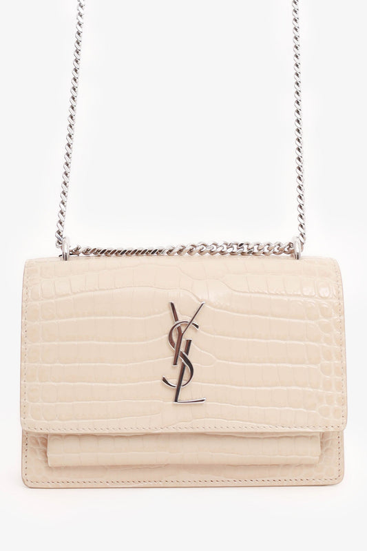 Saint Laurent Beige Croc Embossed Leather 'Sunset' Mini Crossbody Bag
