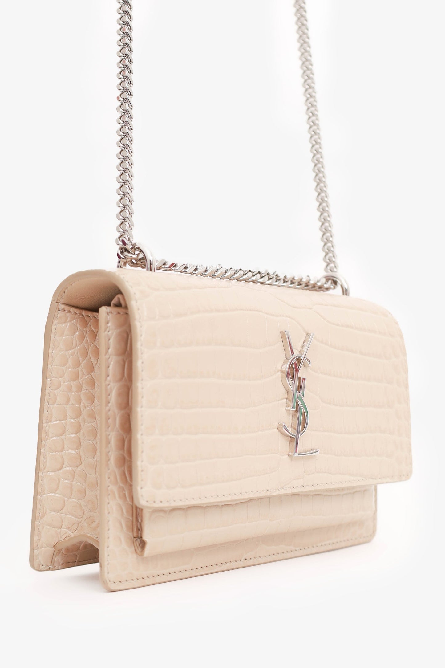 Saint Laurent Beige Croc Embossed Leather 'Sunset' Mini Crossbody Bag