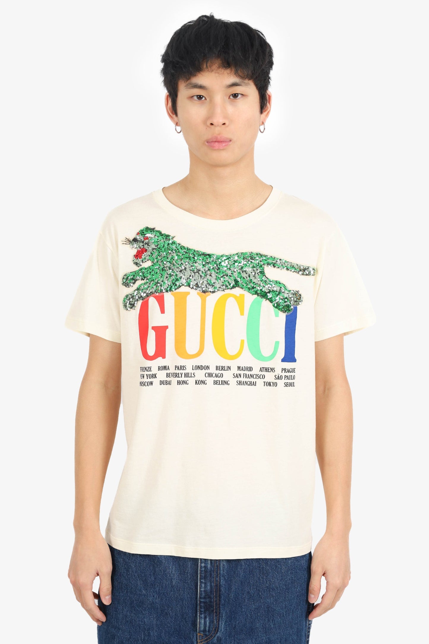 Gucci Cream Sequin City Detail T-Shirt Size XS