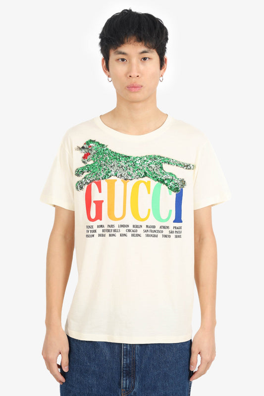 Gucci Cream Sequin City Detail T-Shirt Size XS