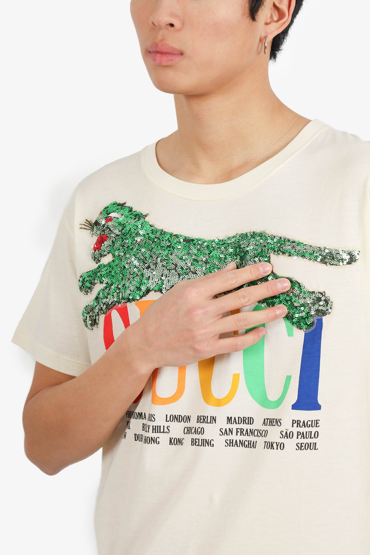 Gucci Cream Sequin City Detail T-Shirt Size XS