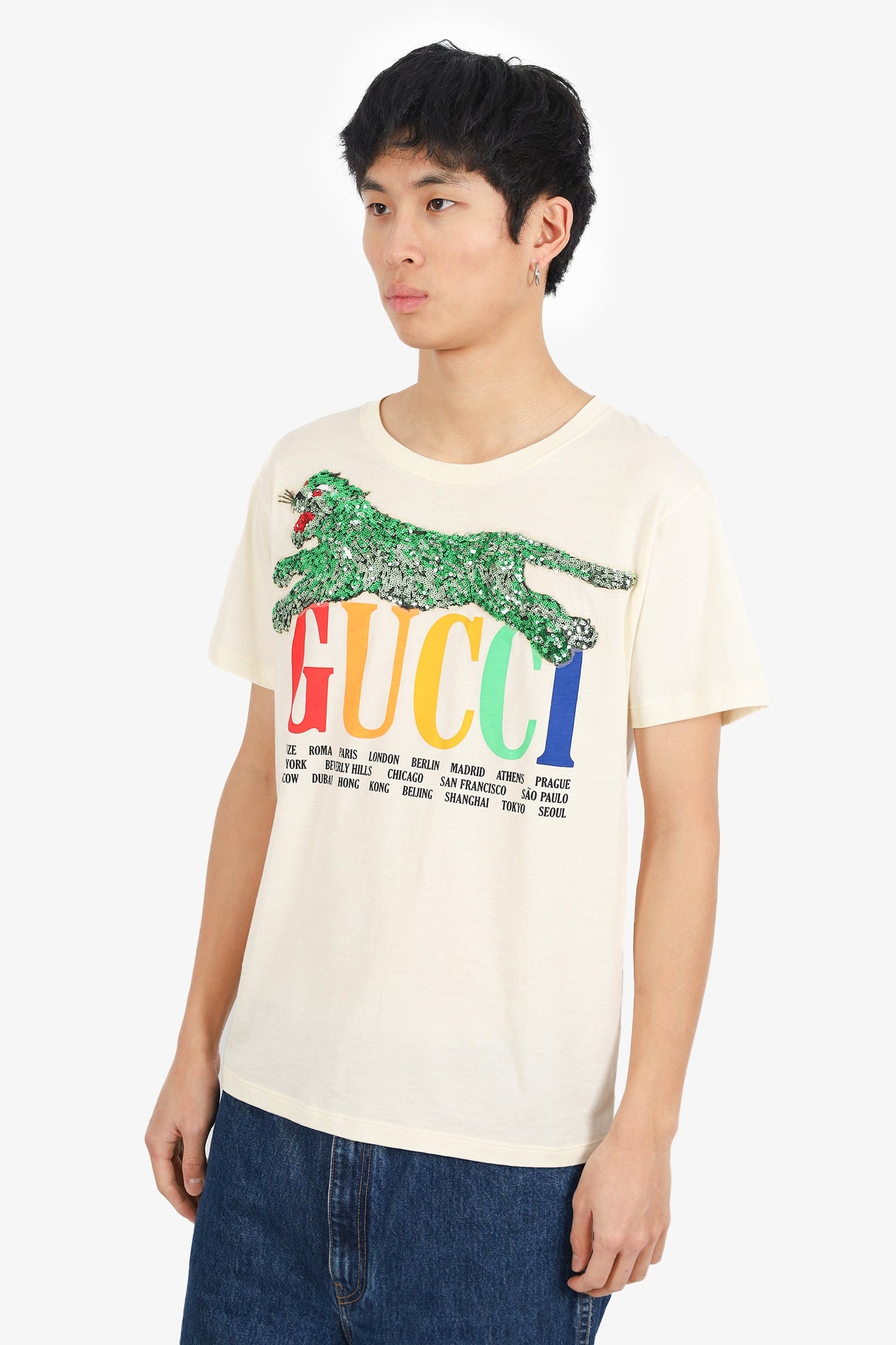 Gucci Cream Sequin City Detail T-Shirt Size XS