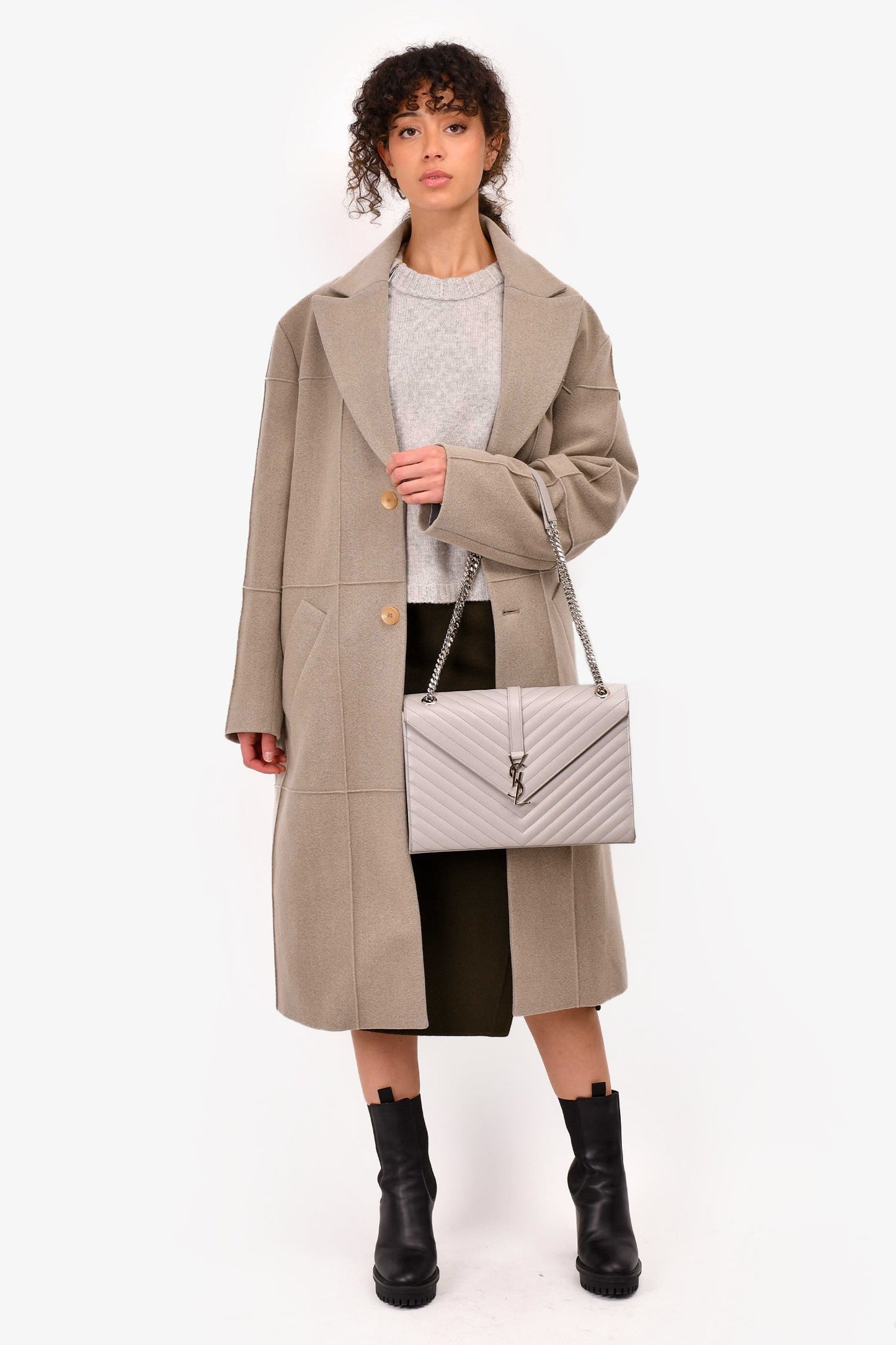 Saint Laurent Grey Chevron Leather Large Envelop Shoulder Bag