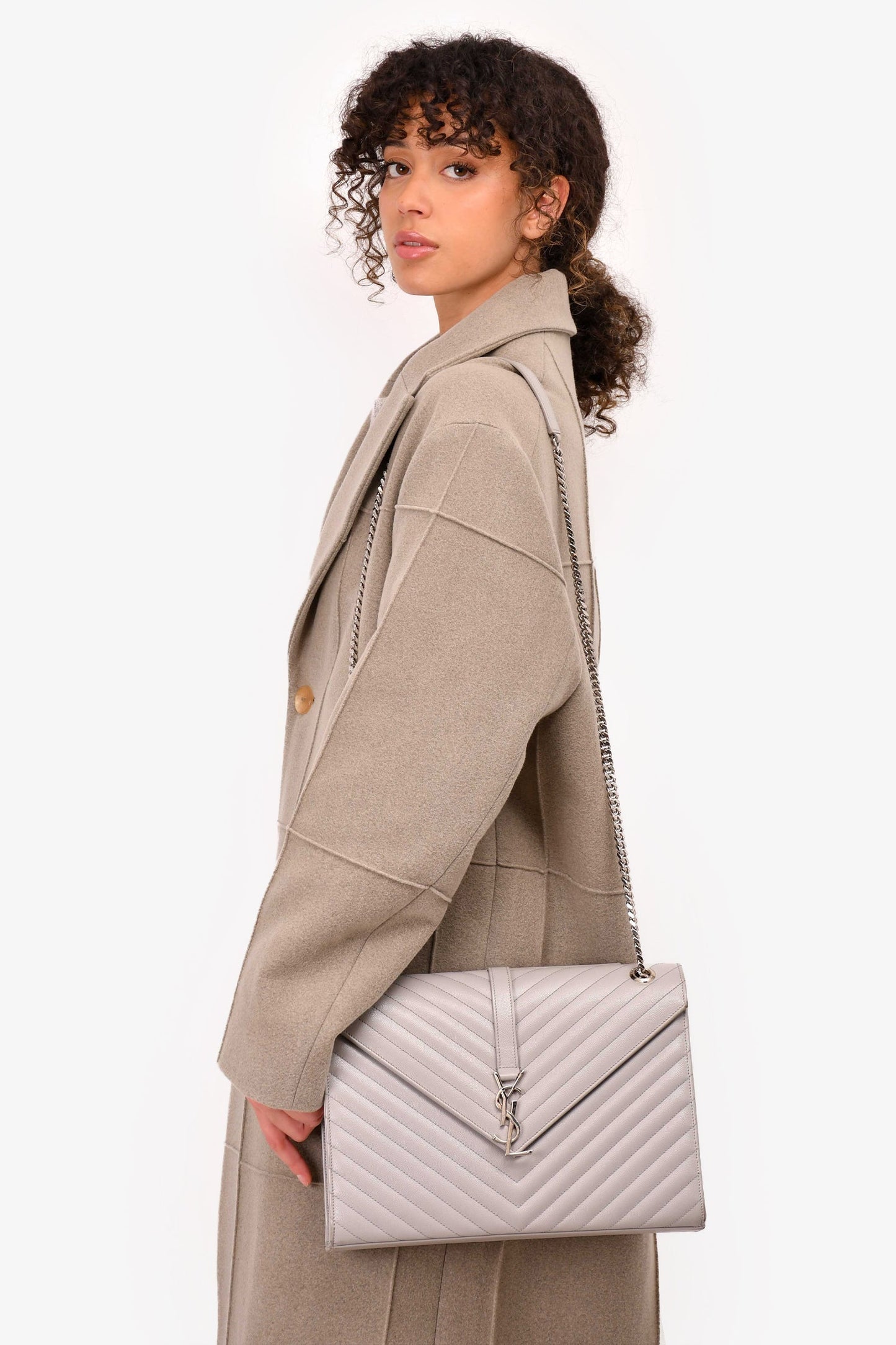 Saint Laurent Grey Chevron Leather Large Envelop Shoulder Bag