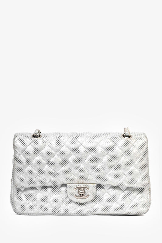 Chanel™ 2014 Silver Perforated Leather Medium Double Flap Shoulder Bag