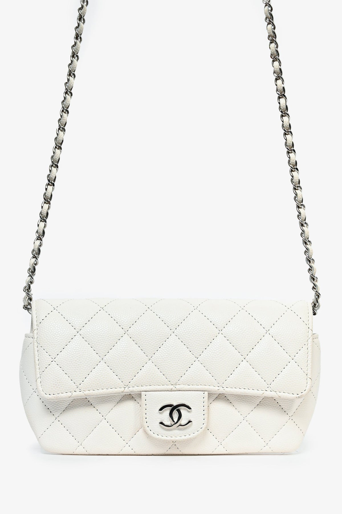 Chanel™ 2021 White Caviar Leather Sunglass Case with Chain