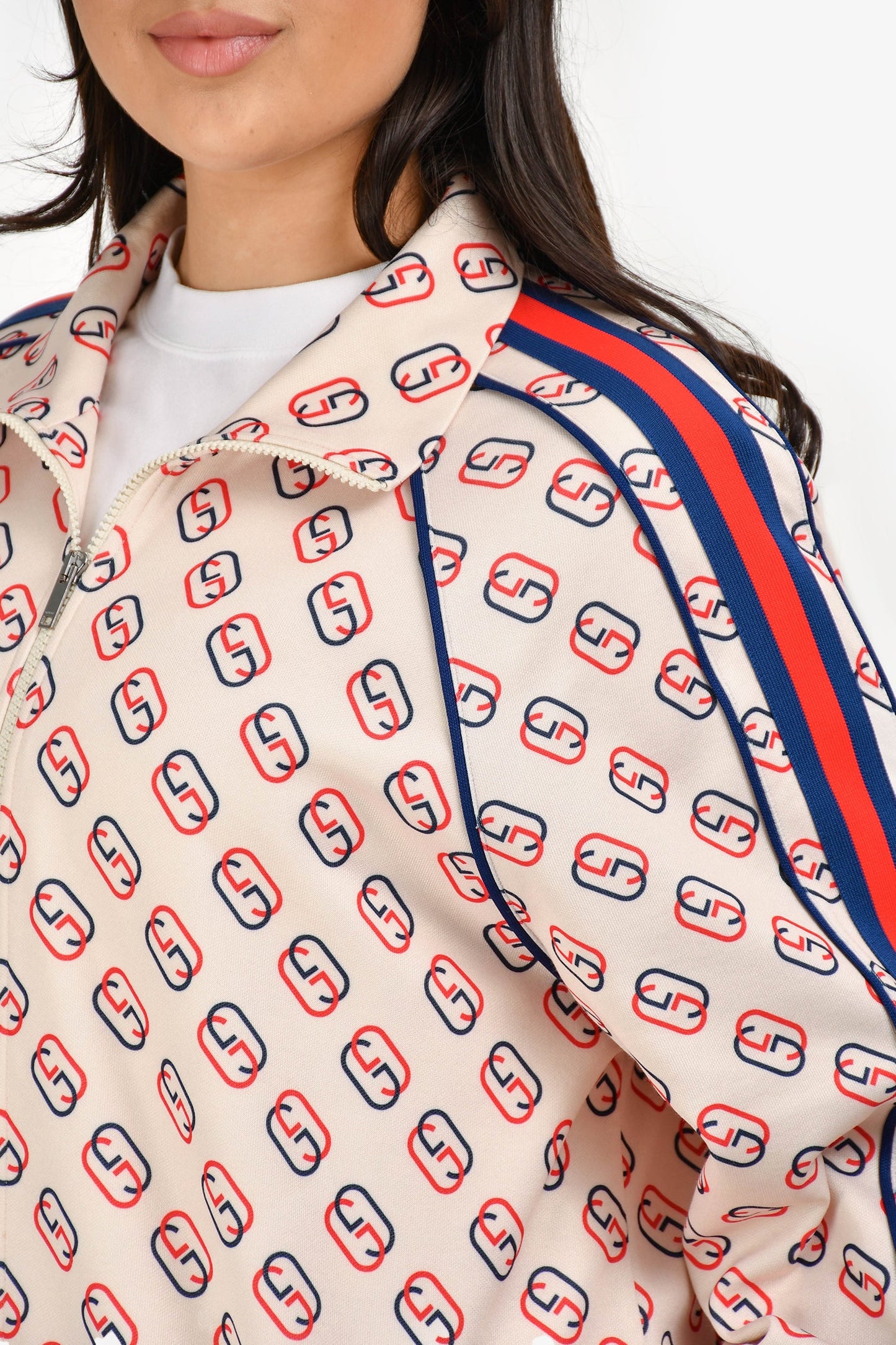 Gucci Cream Printed Web Zip-Up Track Jacket Size L Mens