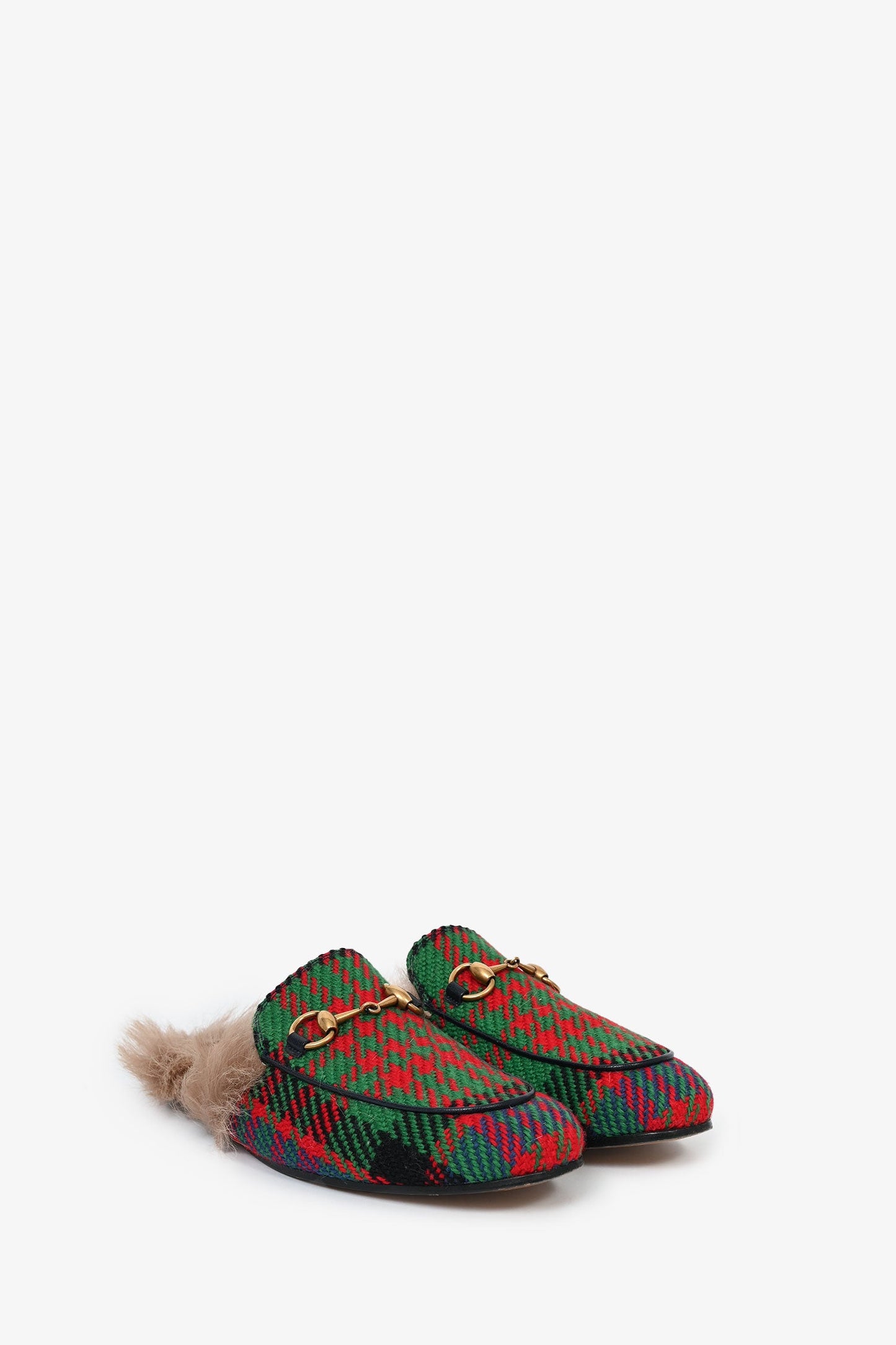 Gucci Red/Green Houndstooth Fur Lined Princetown Slides Size 6 Mens