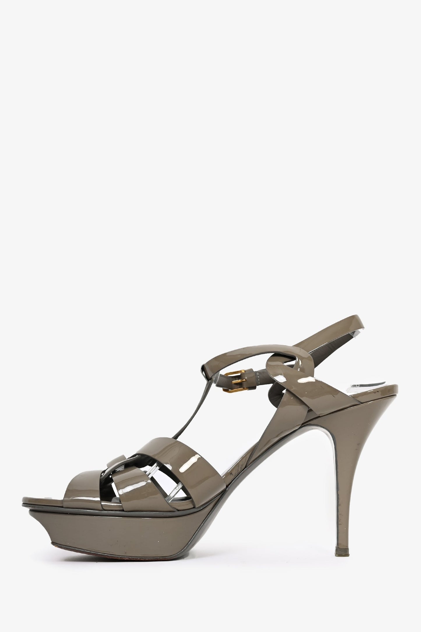 Saint Laurent Army Green Patent Leather Tribute Platform Sandals Size 41.5