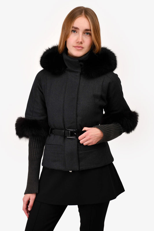 Christian Dior Grey Wool Fox Fur Trimmed Belted Jacket Size 2