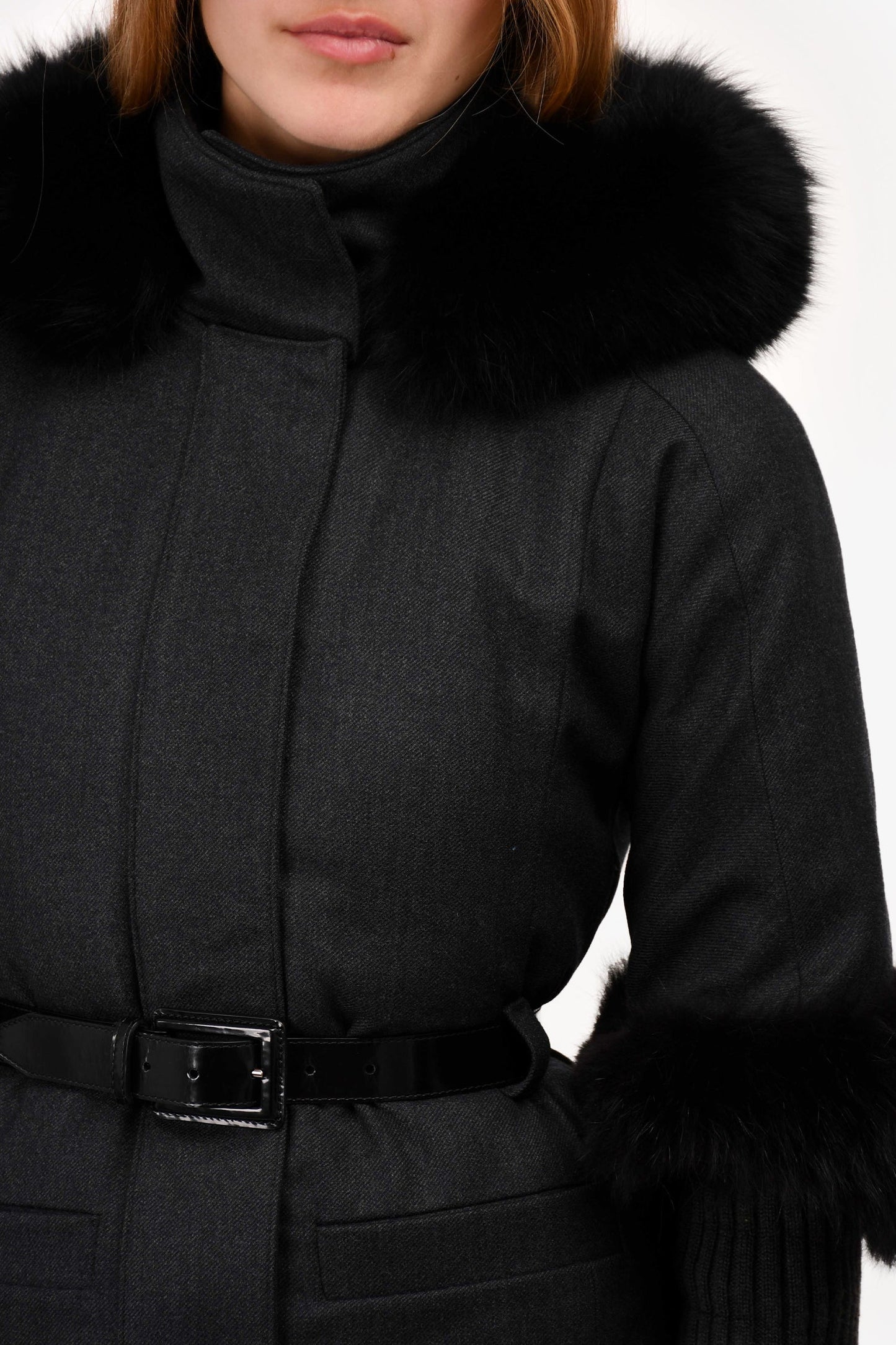 Christian Dior Grey Wool Fox Fur Trimmed Belted Jacket Size 2