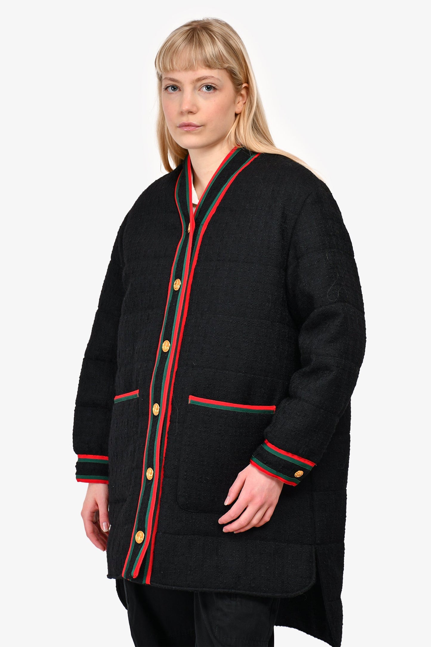 Gucci Black Red/Green Trim Detail Padded Tweed Coat Size 44