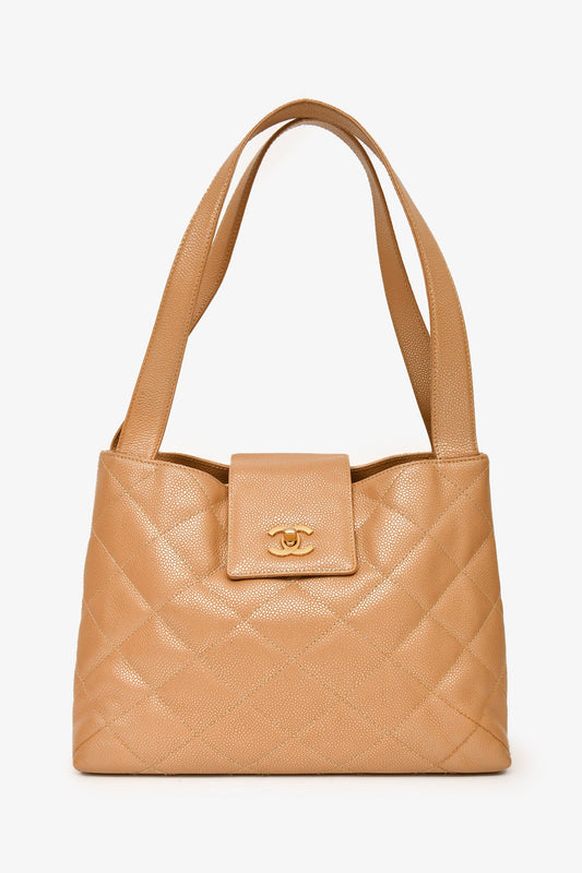 Chanel™ 2000-02 Beige Caviar Leather Coco Mark Shoulder Bag