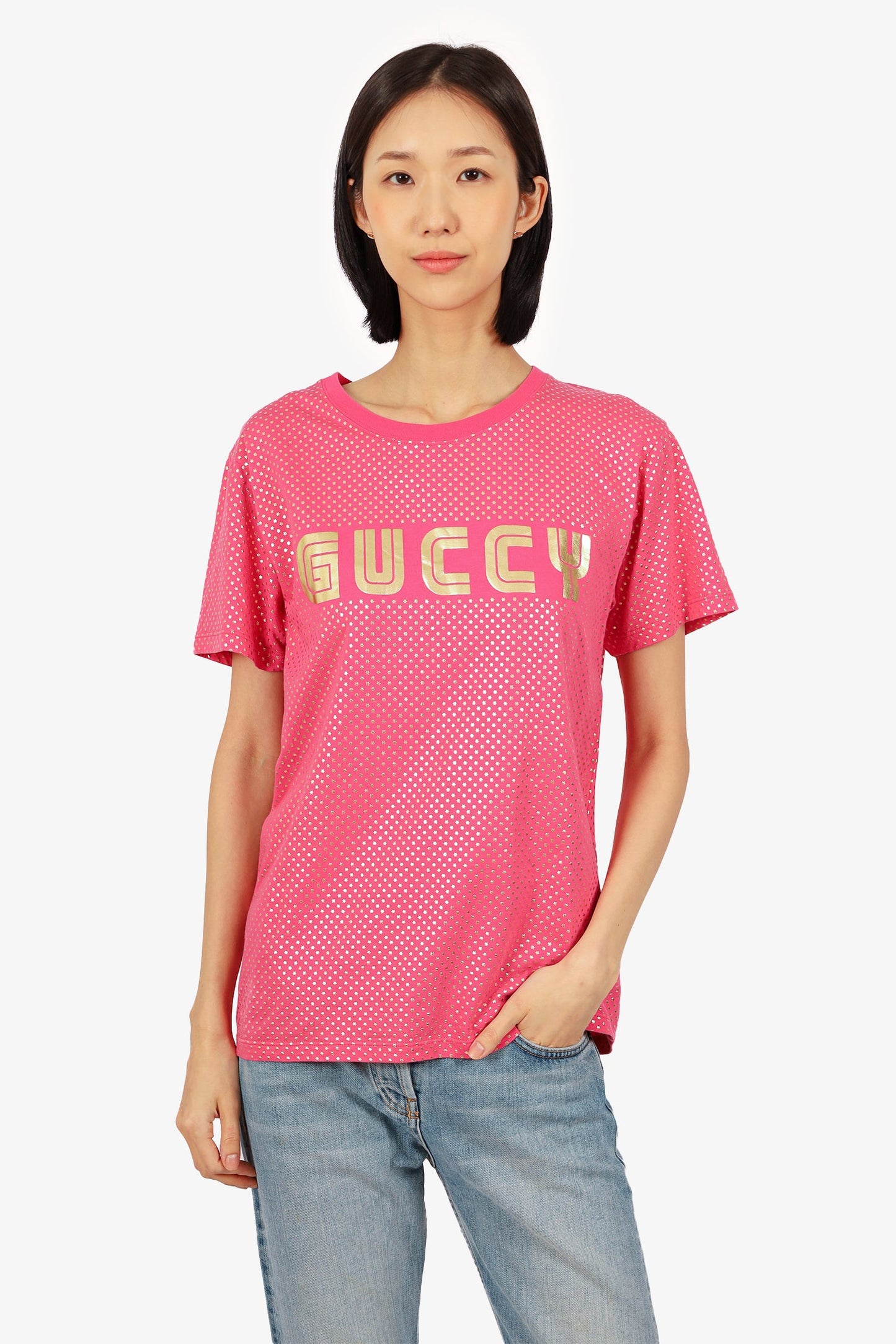 Gucci Pink/Gold Star Printed 'Guccy' T-Shirt Size XS