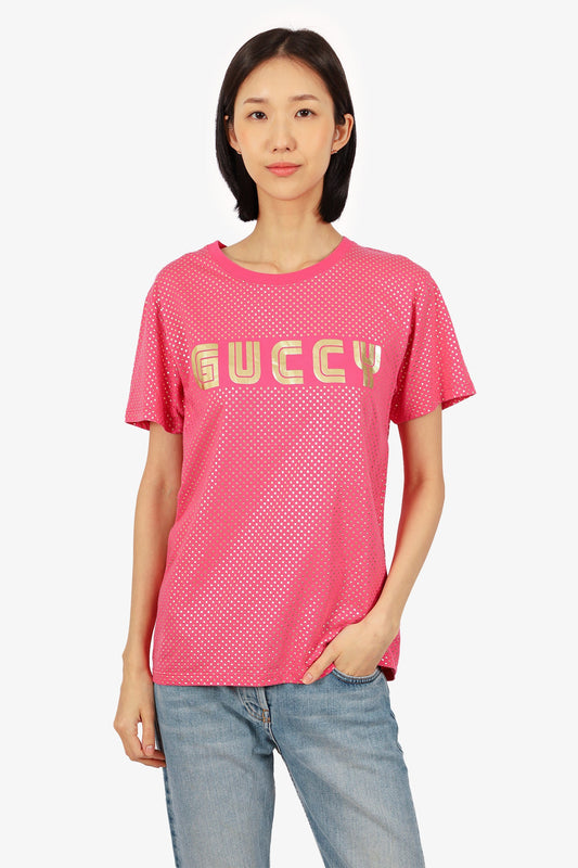 Gucci Pink/Gold Star Printed 'Guccy' T-Shirt Size XS