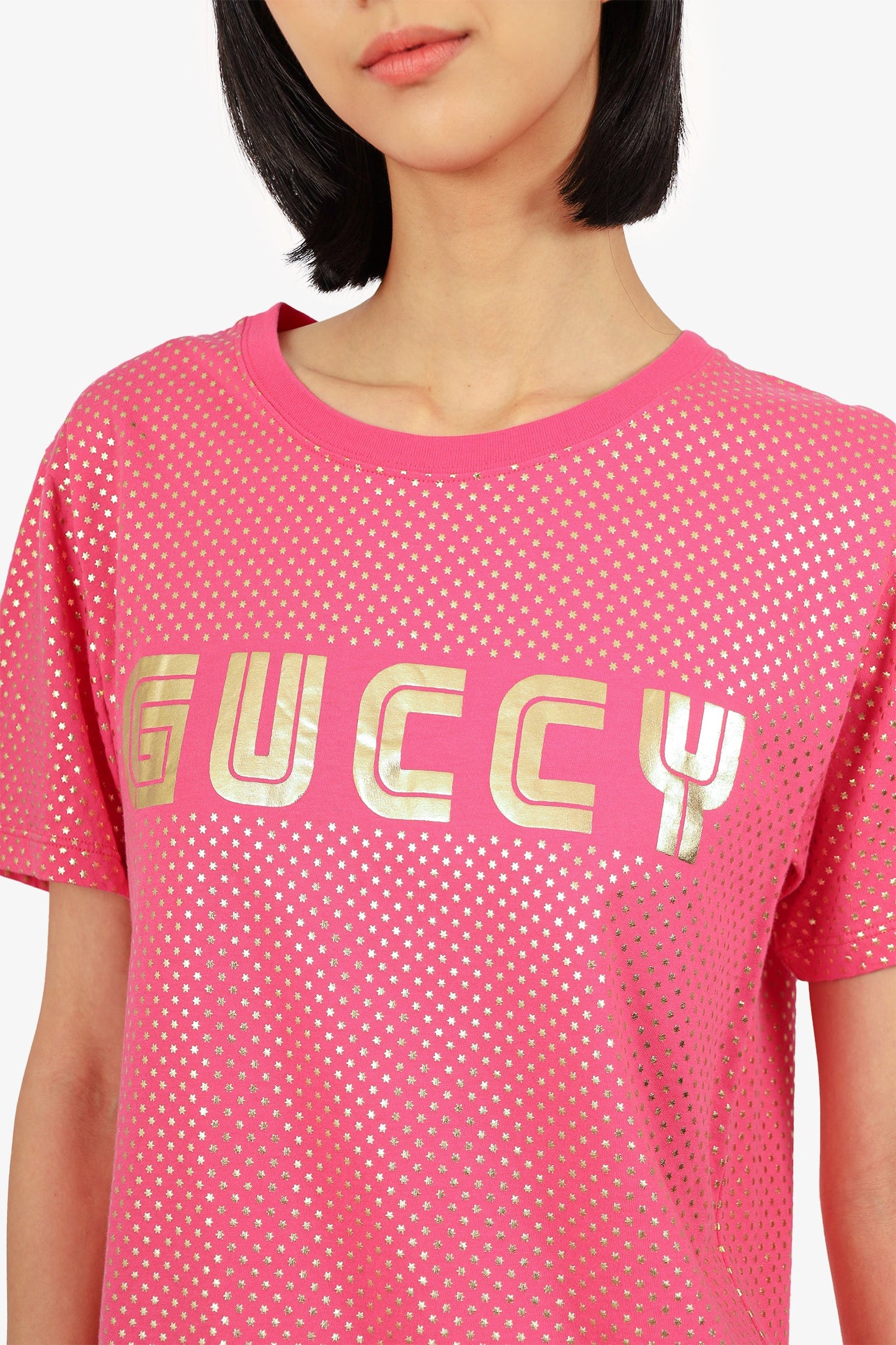 Gucci Pink/Gold Star Printed 'Guccy' T-Shirt Size XS