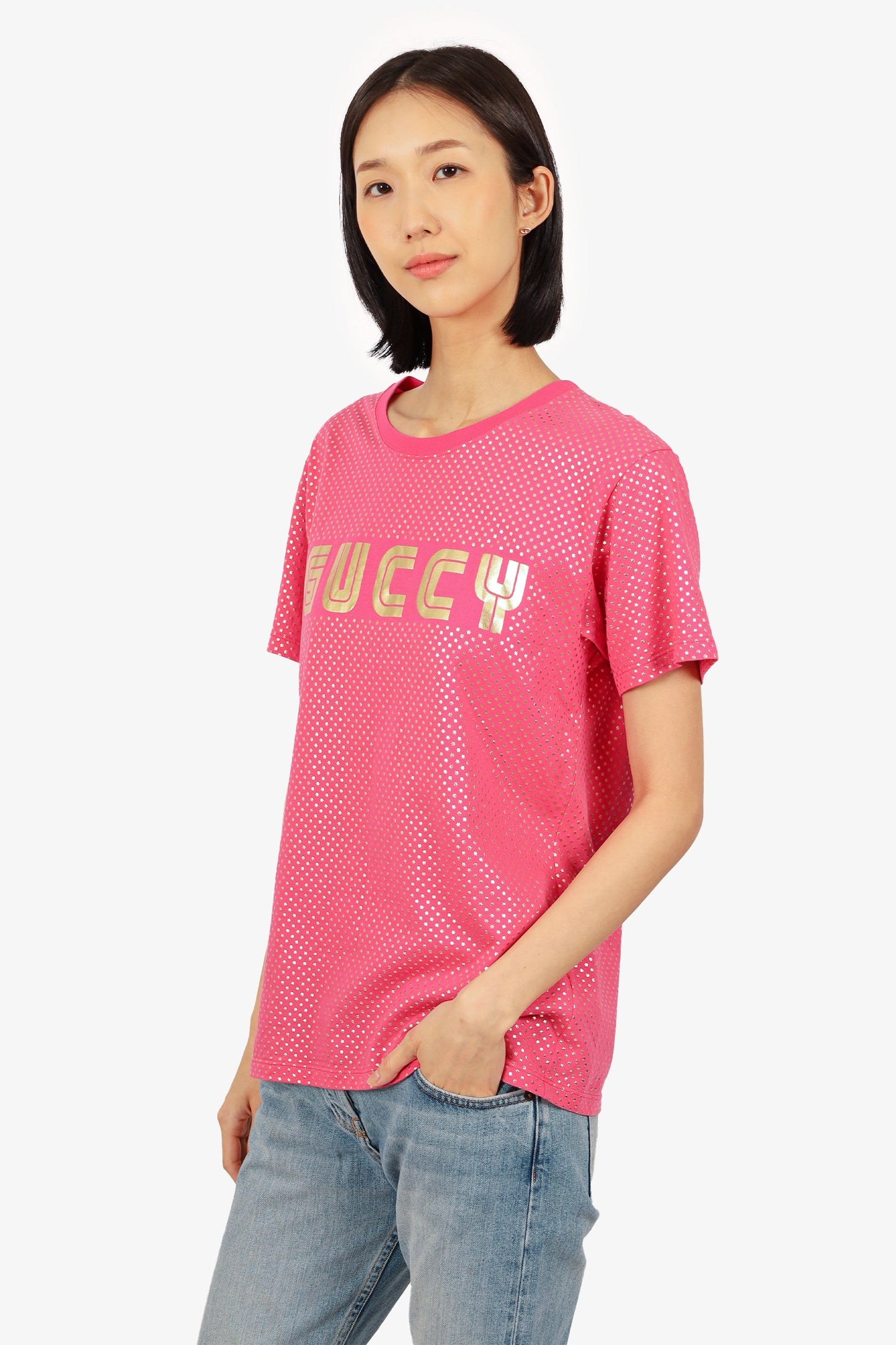 Gucci Pink/Gold Star Printed 'Guccy' T-Shirt Size XS
