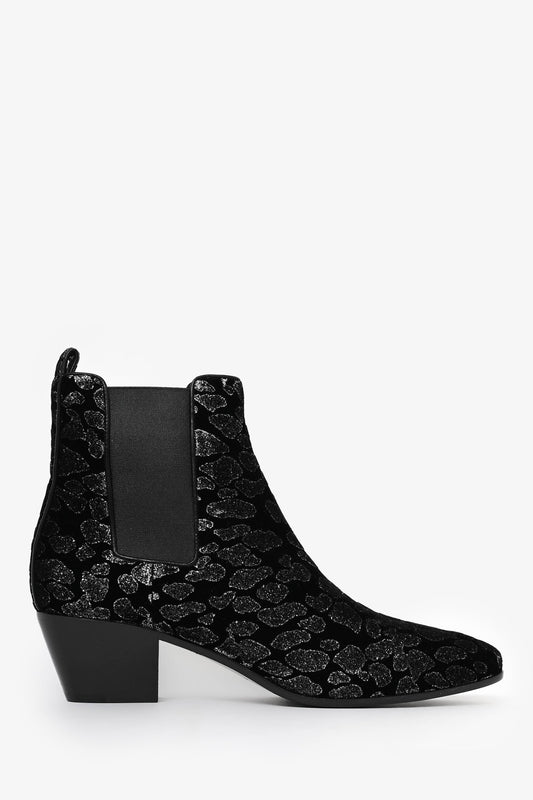 Saint Laurent Black/Silver Velvet Metallic Leopard Print Boots Size 40