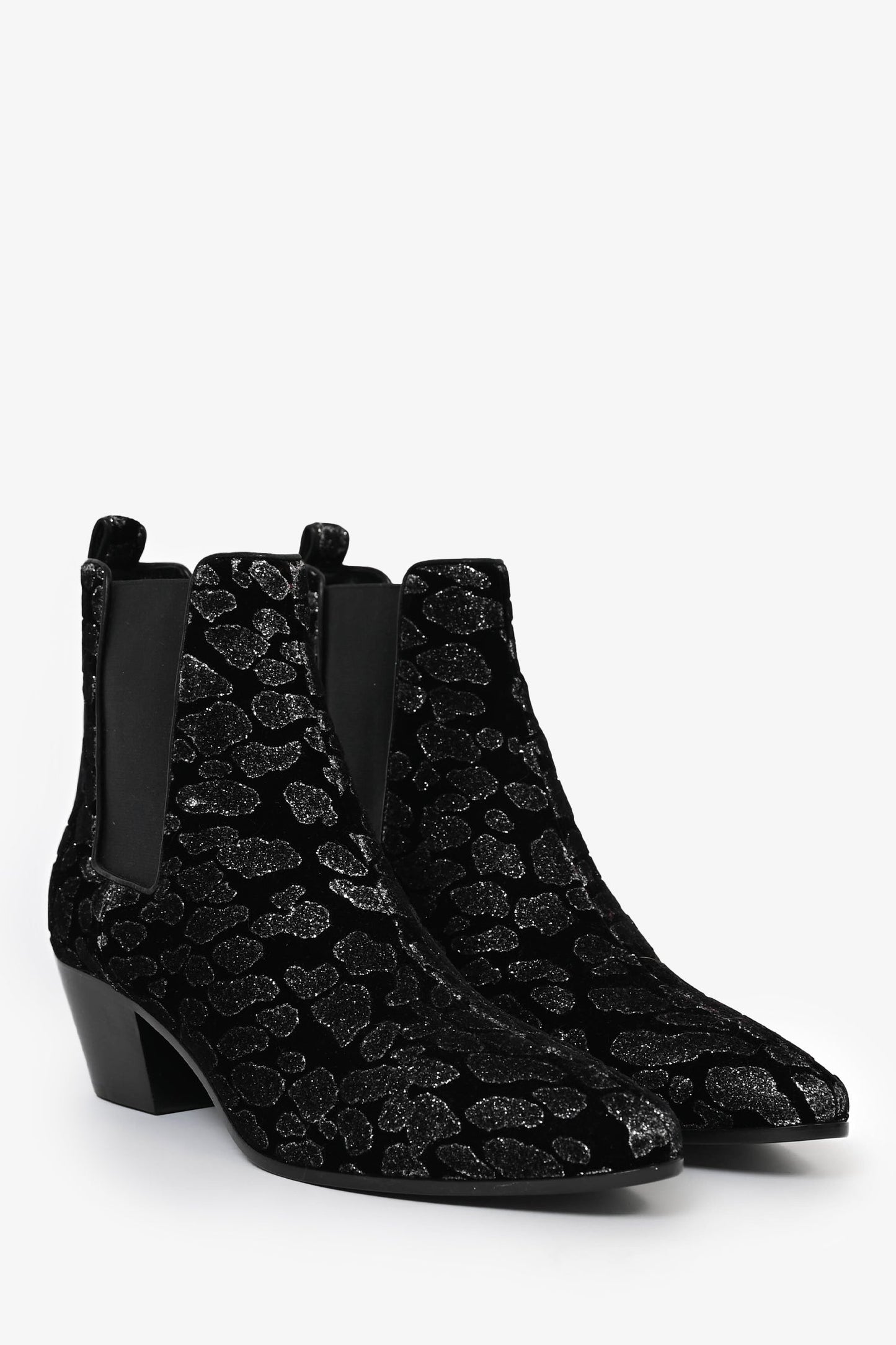 Saint Laurent Black/Silver Velvet Metallic Leopard Print Boots Size 40