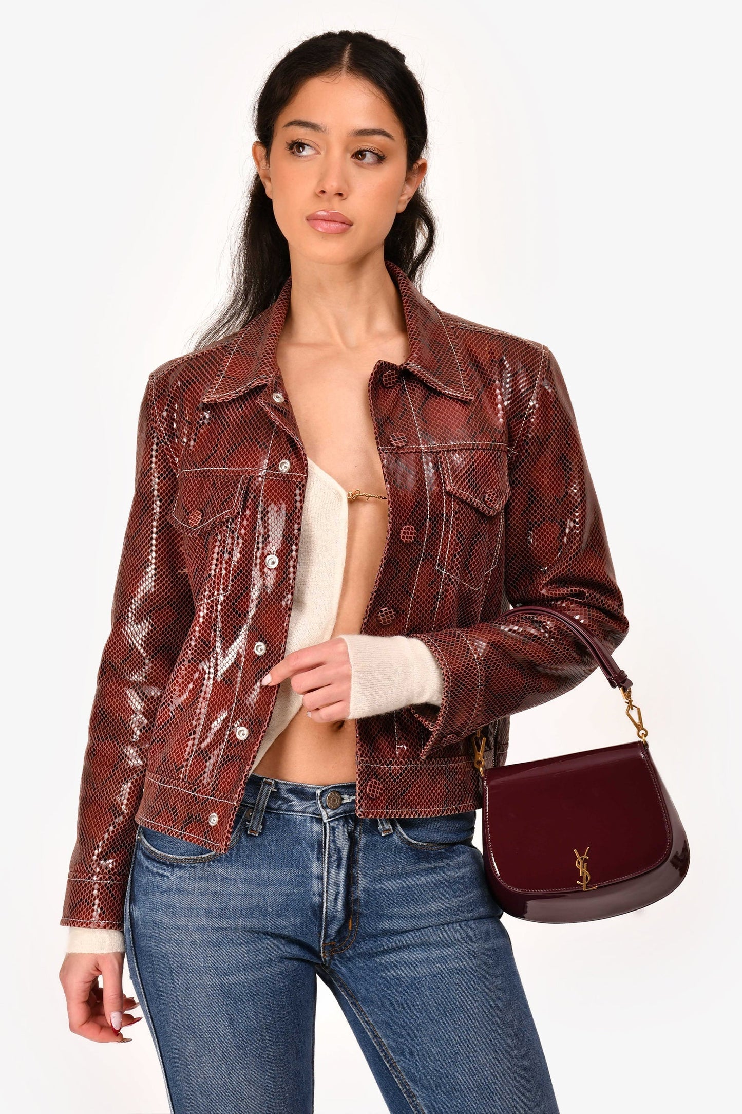 Saint Laurent Burgundy Patent Leather Voltaire Top Handle Bag