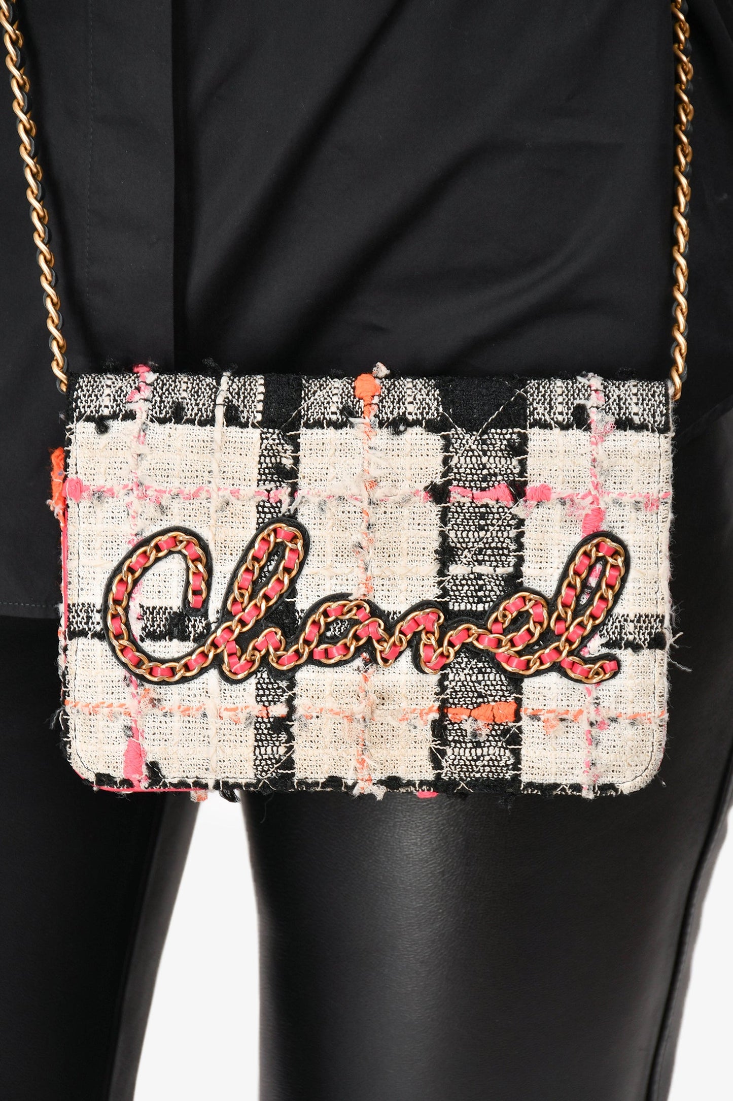 Chanel™ 2019 Pink/Black/Cream Tweed Wallet On Chain