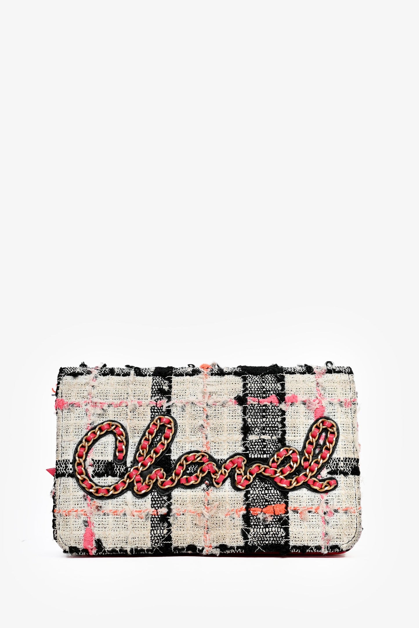 Chanel™ 2019 Pink/Black/Cream Tweed Wallet On Chain