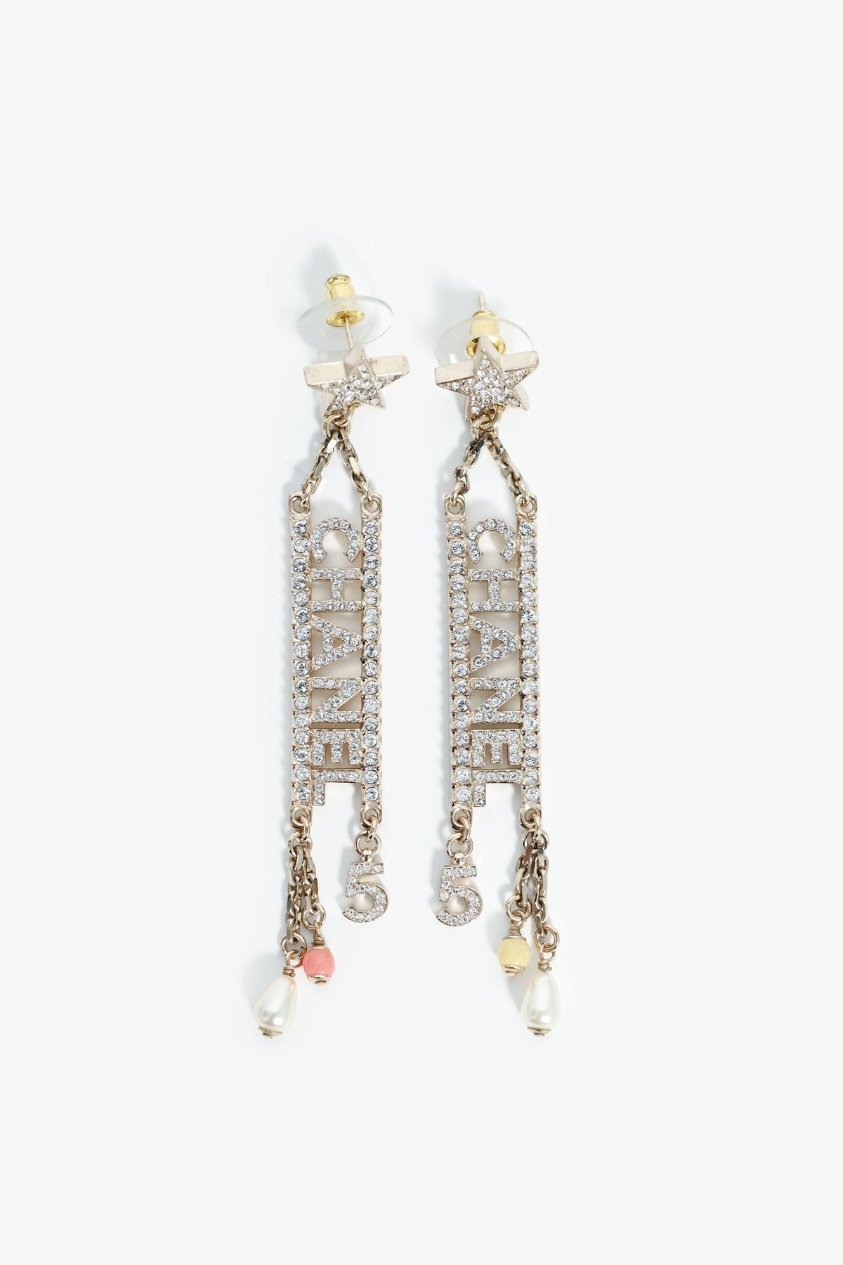 Chanel™ 2022 Gold Tone Crystal Logo Number 5 Earrings