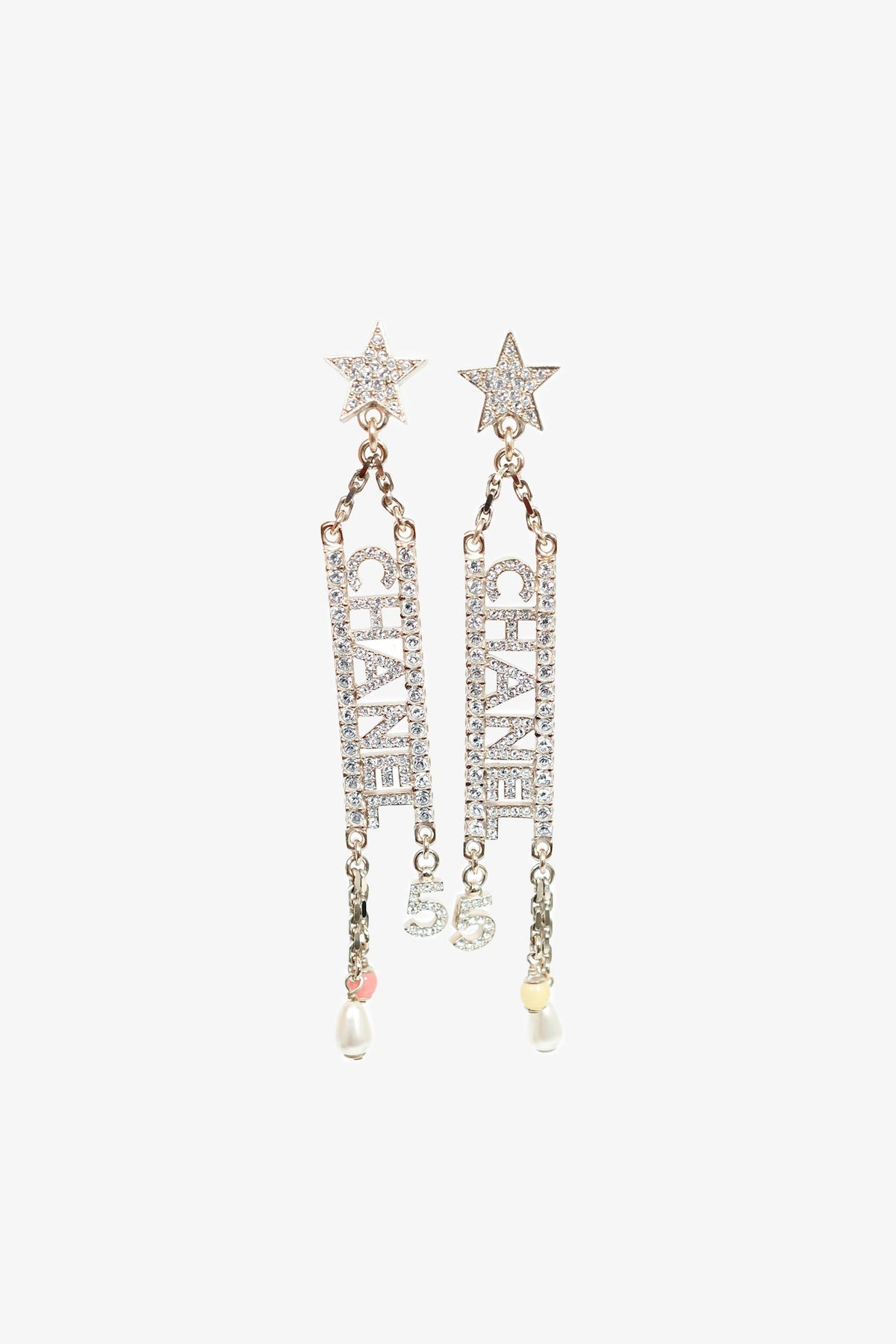 Chanel™ 2022 Gold Tone Crystal Logo Number 5 Earrings