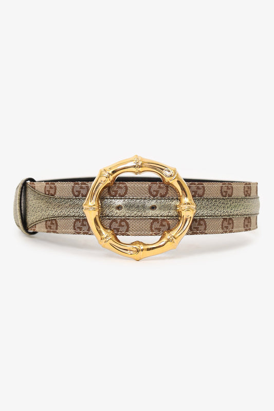 Gucci GG Canvas & Metallic Gold Leather Bamboo Buckle Belt