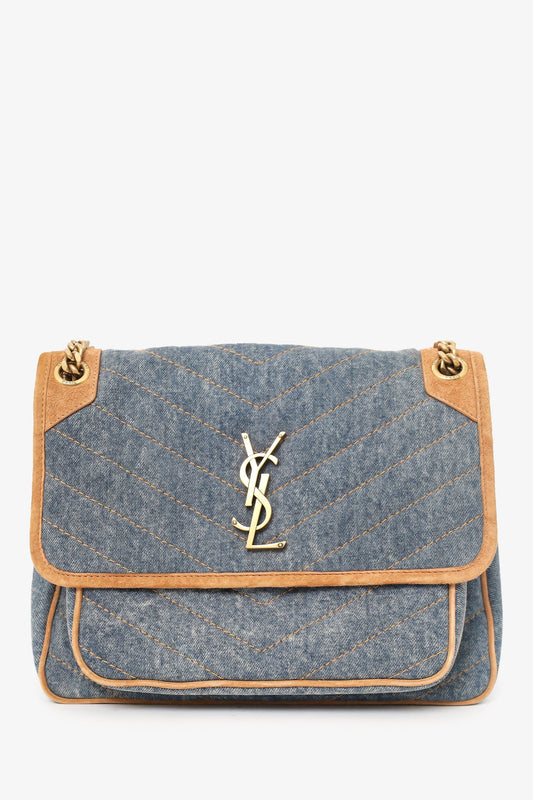 Saint Laurent Blue/Brown Denim/Suede Medium Monogram Matelasse Niki Shoulder Bag
