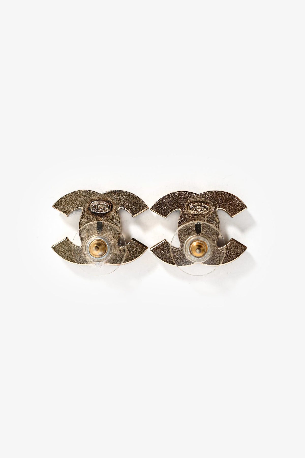 Chanel™ 2013 Gold Toned Metal/Green Tweed CC Stud Earrings