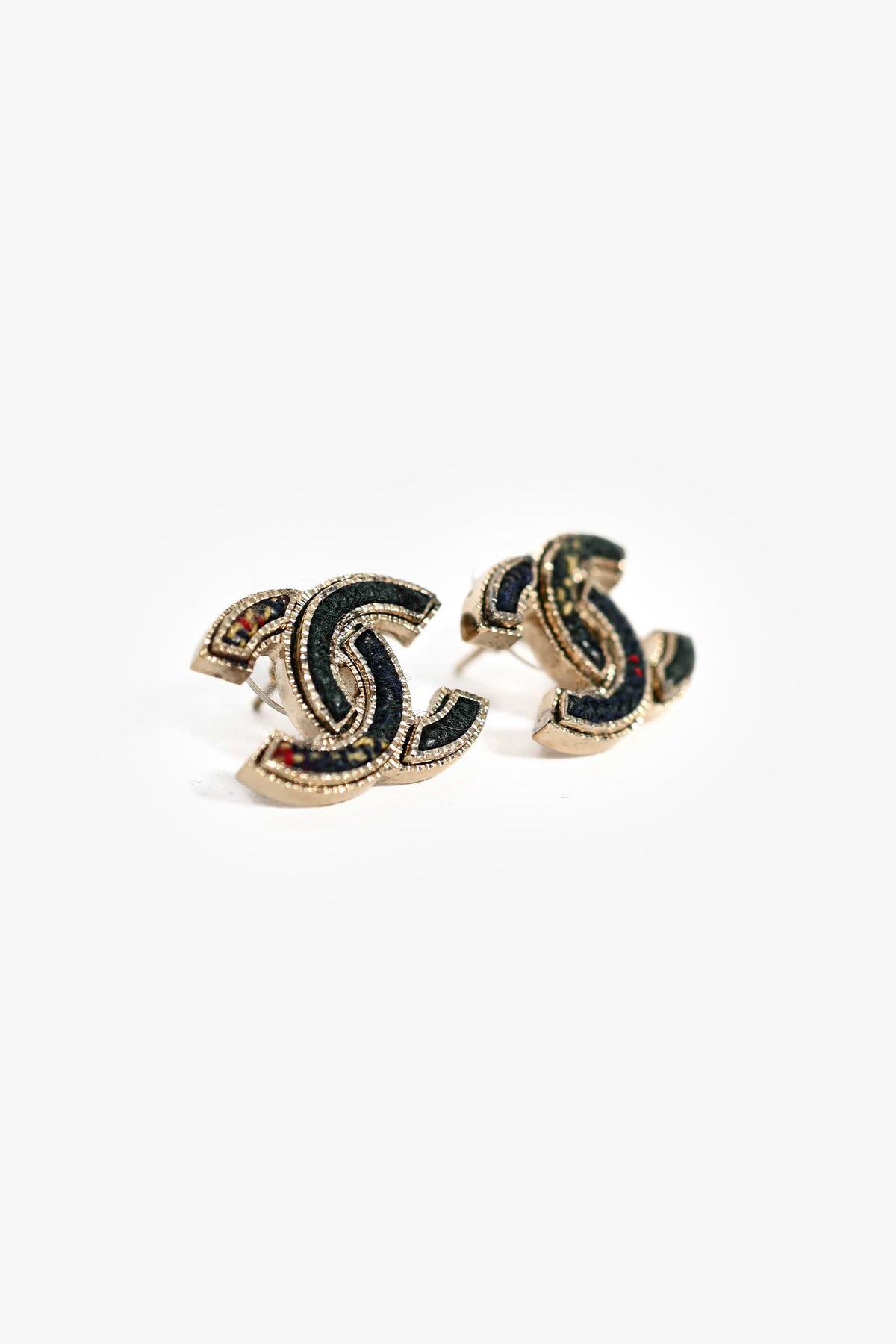 Chanel™ 2013 Gold Toned Metal/Green Tweed CC Stud Earrings