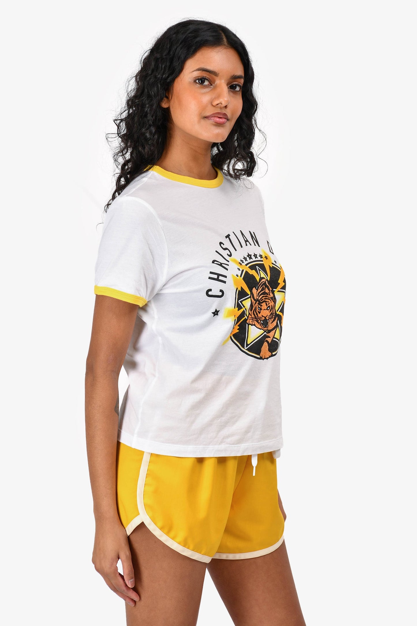 Christian Dior White/Yellow Tiger Printed Short Sleeve T-Shirt Size S