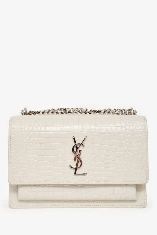 Saint Laurent 2022 Grey Croc Embossed Leather Medium Sunset Shoulder Bag