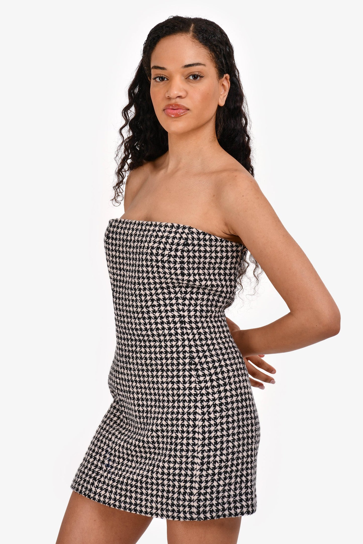 Christian Dior Black/ White Houndstooth Wool/Cashmere Bustier Dress Size 40