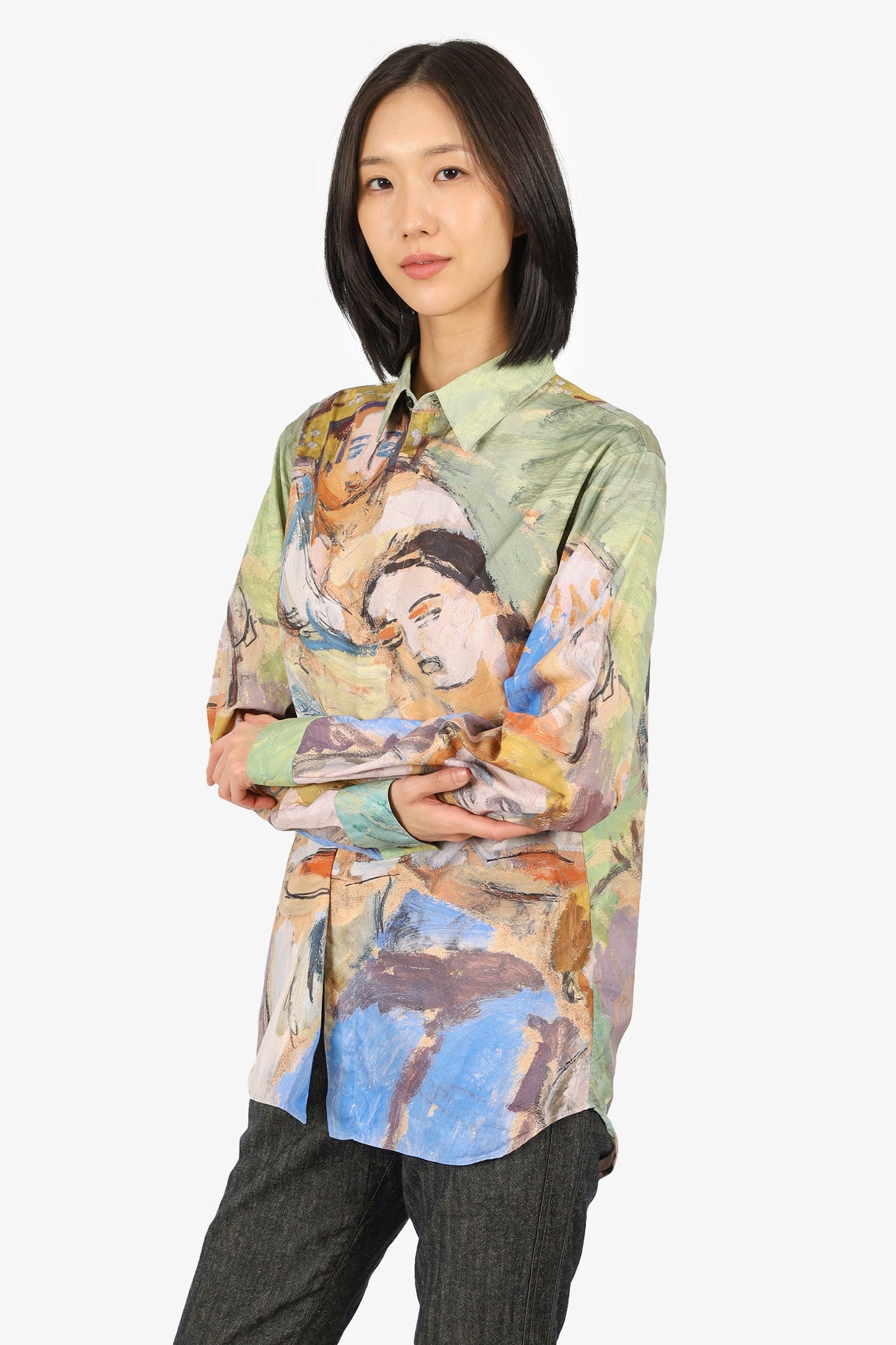 Dior x Duncan Grant x Charleston Green/Blue Abstract Painted Button Up Shirt Size 40 Mens