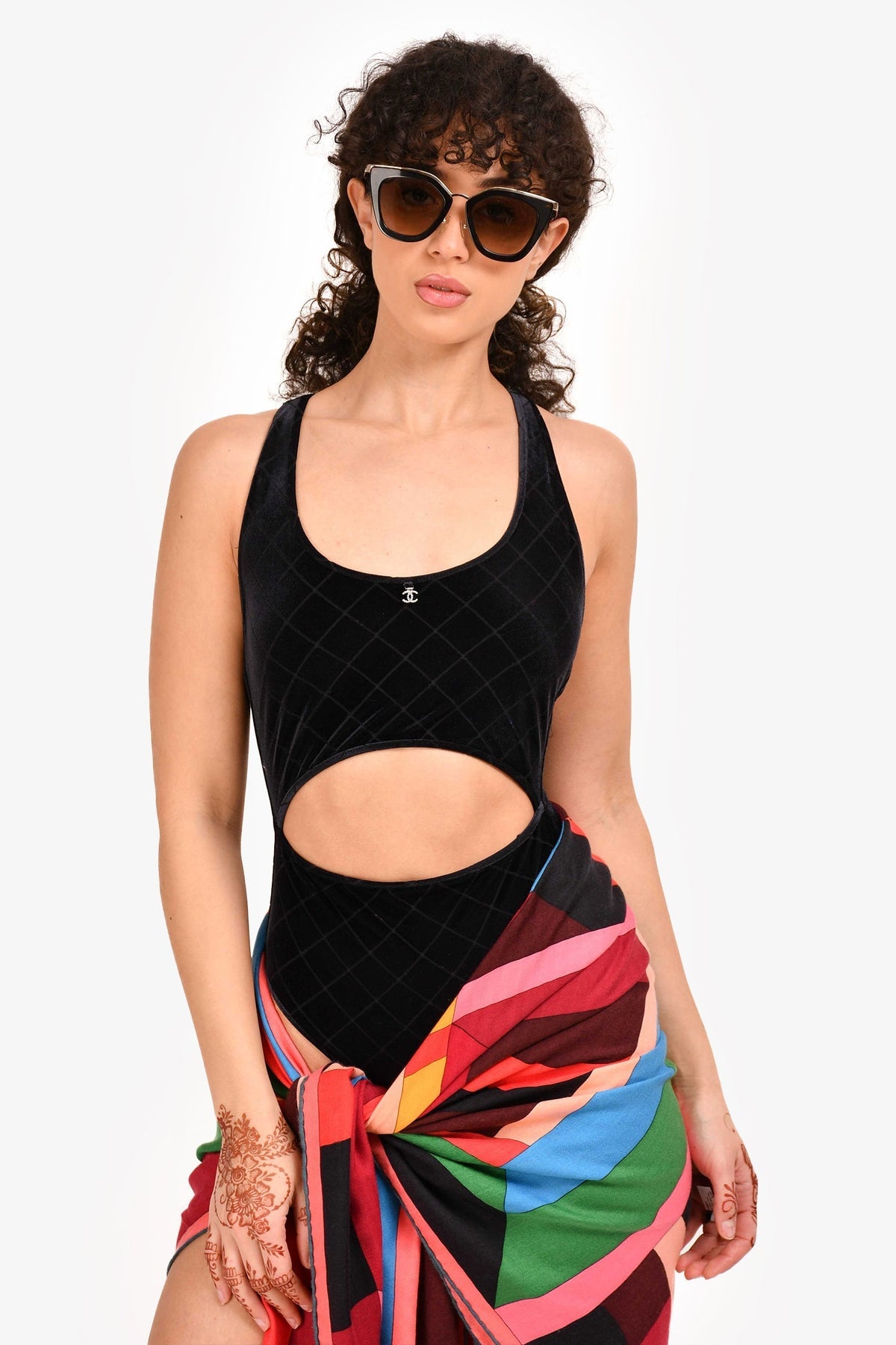 Chanel™ 2024 Black Quilted Velvet Cutout One Piece Swim Suit with Crystal CC Size 36