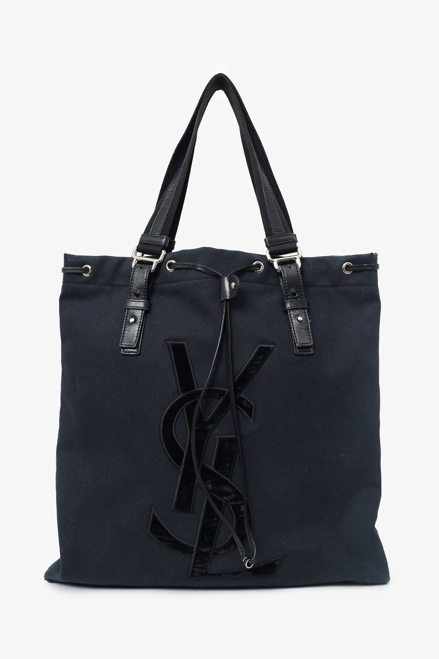 Saint Laurent Paris Black Canvas/Velvet Drawstring Kahala Tote