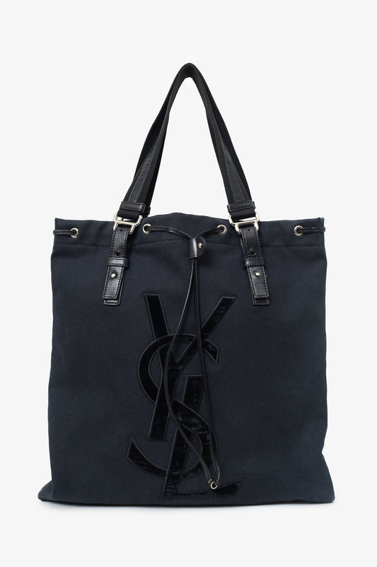 Saint Laurent Paris Black Canvas/Velvet Drawstring Kahala Tote