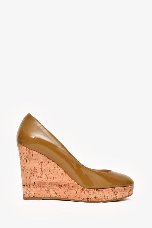 Saint Laurent Khaki Green Patent Leather Wedge Heels Size 37