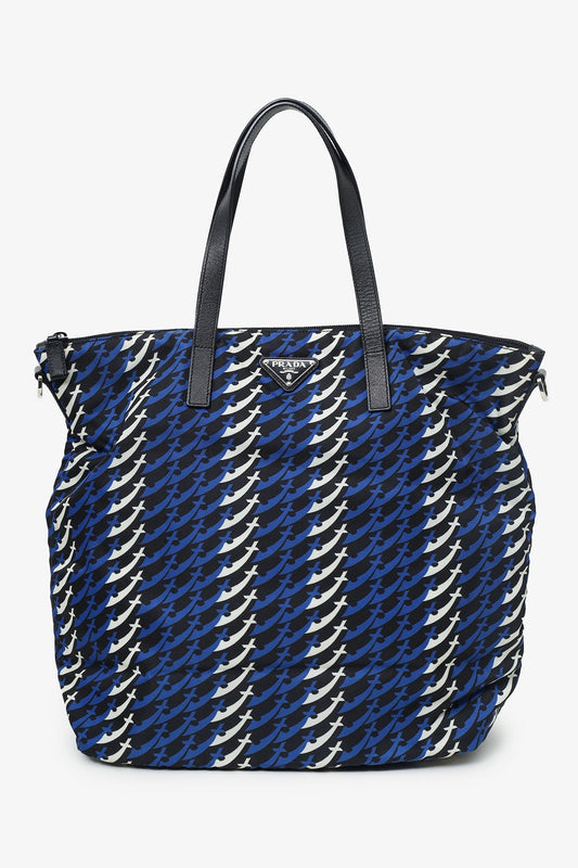 Prada Blue/Black/White Tessuto Stampato Tote with Strap