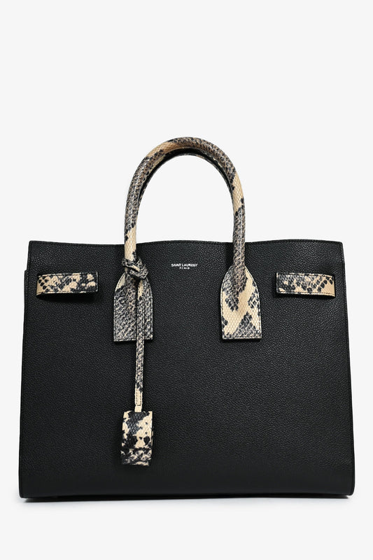 Saint Laurent Black Grained Leather Python Embossed Handle Small Sac de Jour With Strap
