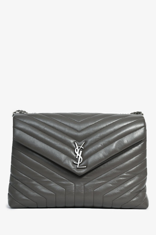 Saint Laurent 2018 Grey Chevron Leather Large Loulou Bag