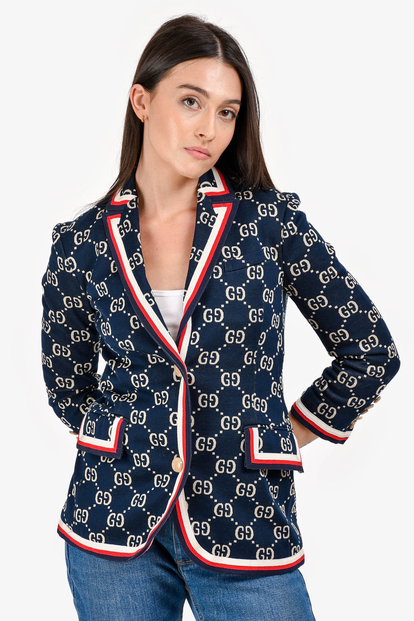 Gucci Navy Blue Jacquard GG Web Blazer Size XXS